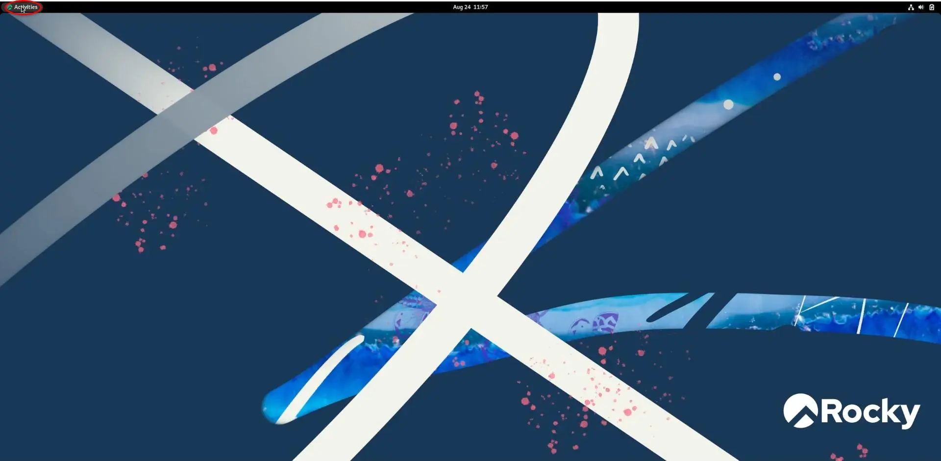 Rocky Linux desktop with default wallpaper. The mouse is hovered over the activities button.