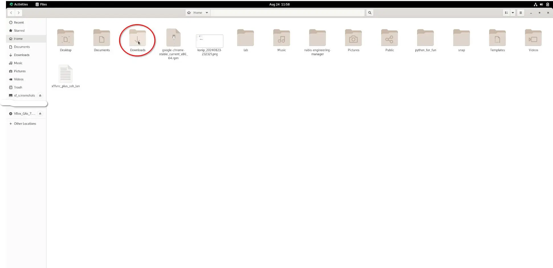 The Files app is open, and the mouse is hovered over the Downloads folder.