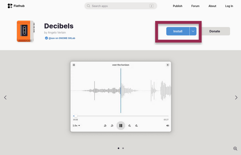 Screenshot of the Decibels app page on FlatHub, showing the install button being highlighted by a red rectangle