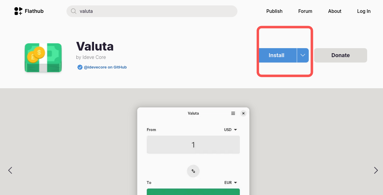 Screenshot of the Valuta page on Flathub with the blue install button highlighted in a red square