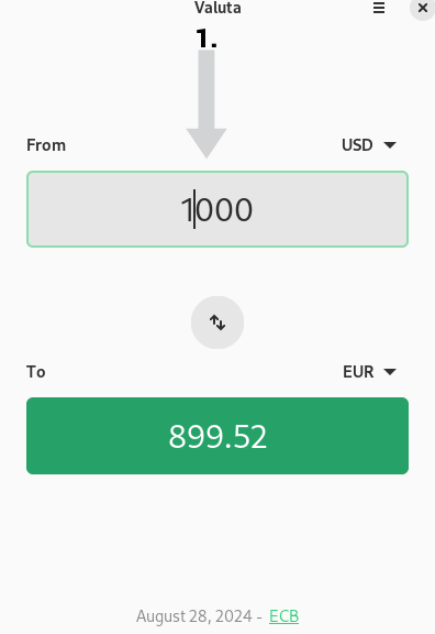 Screenshot of Valuta app showing 1000 USD in the input field, with a grey arrow pointing down to a grey box showing 1000 USD