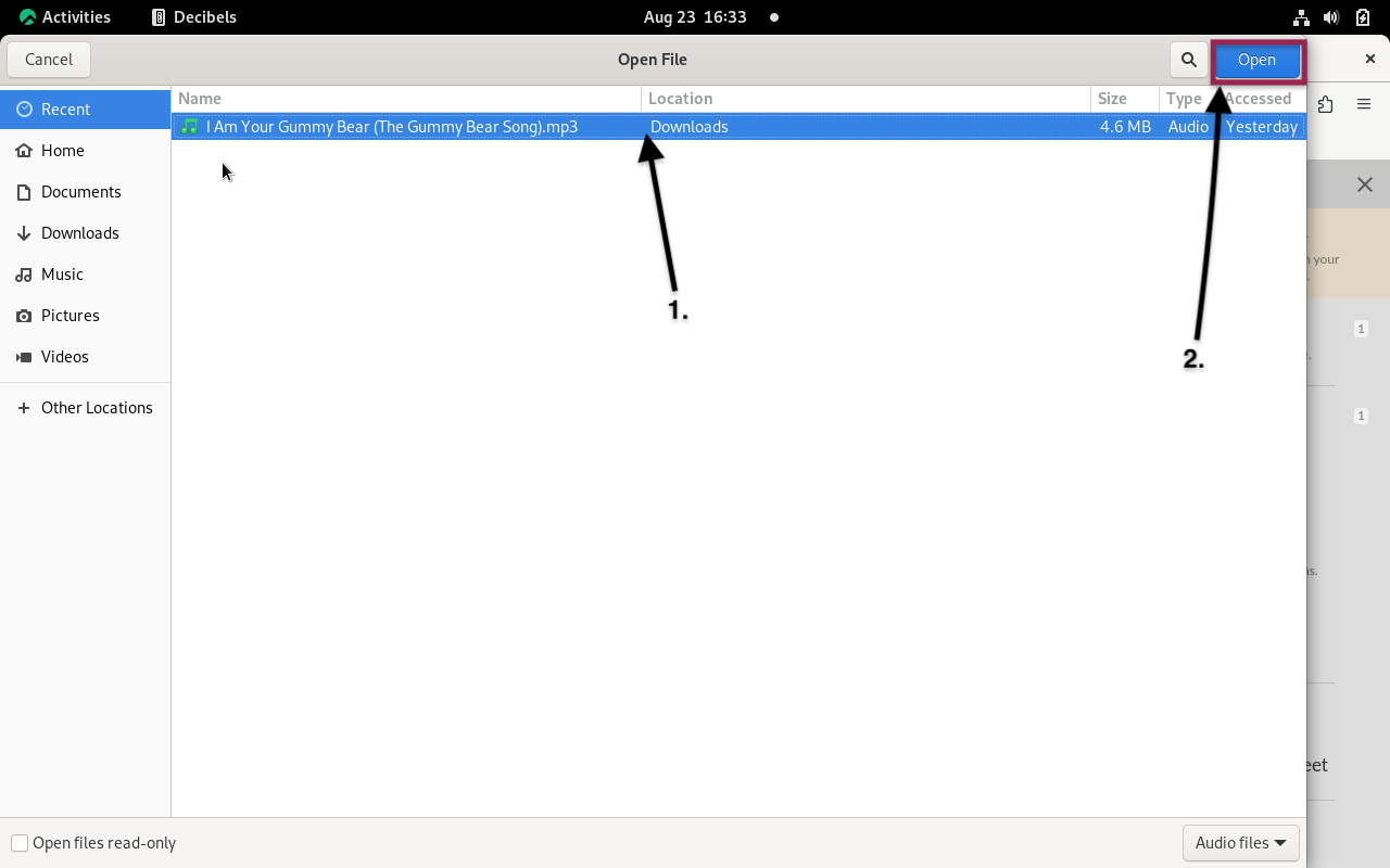 Screenshot of Decibels file selection interface with numbered arrows indicating audio file and Open button