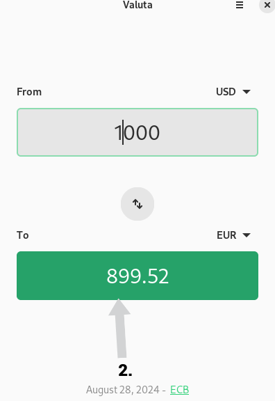 Screenshot showing a grey arrow pointing upward to a green box displaying the converted amount, 899.52 EUR