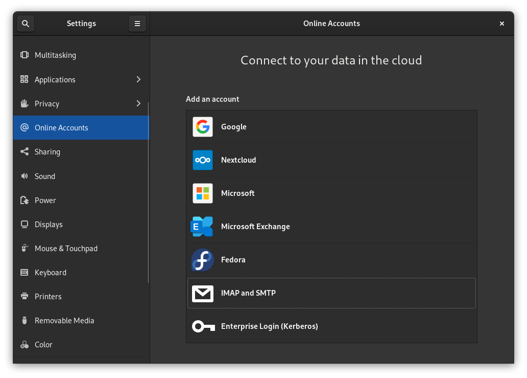 a screenshot of the GNOME Online Accounts settings panel