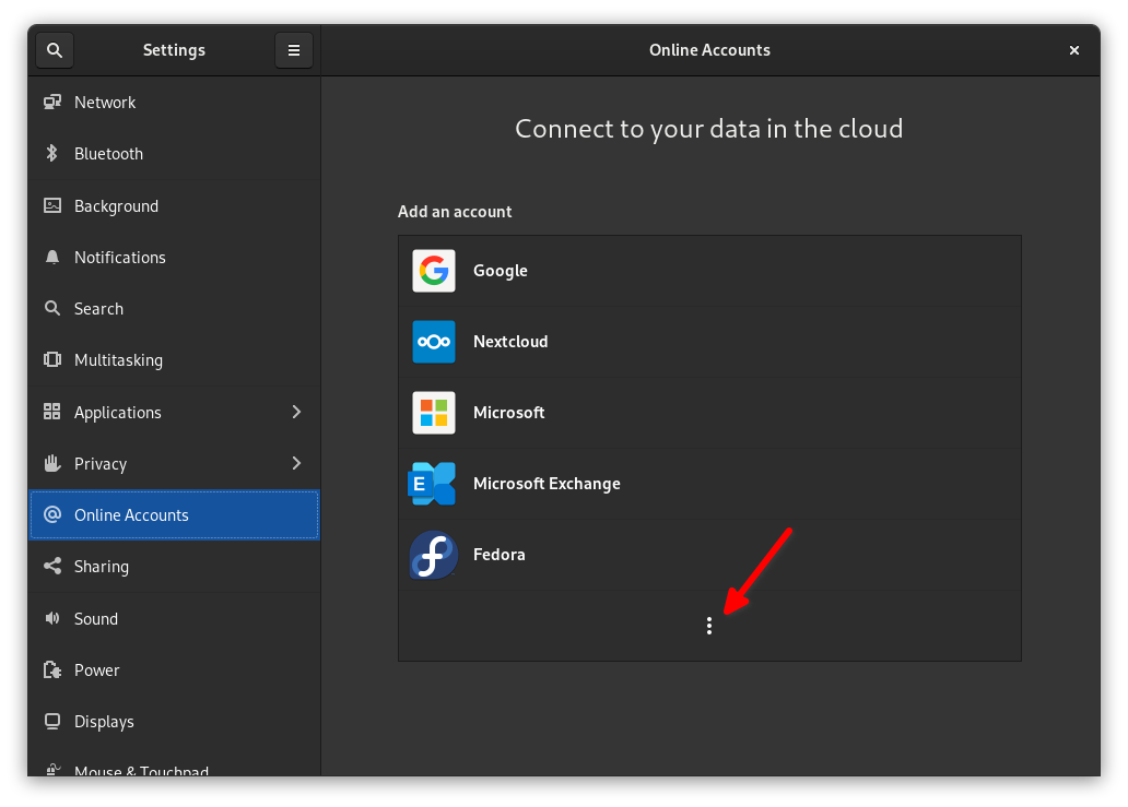 a screenthot of the Online Accounts panel featuring the three-vertical-dots icon at the bottom