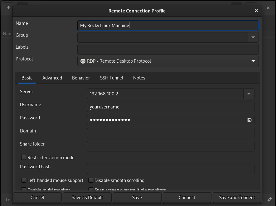 The Remmina connection profile form