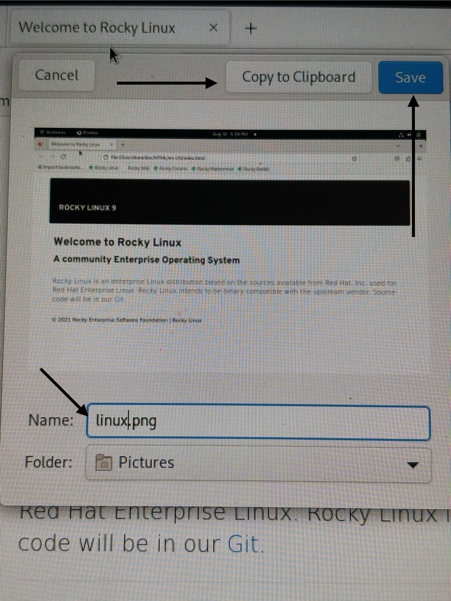 Screenshot of taken picture of being saved with black arrows pointing at a text box that contains the file name, "Linux.png" as well as Save and Copy buttons