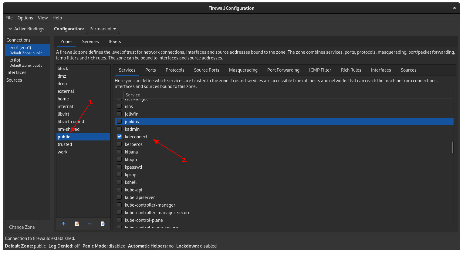 a screenshot featuring the Zones tab in the right panel, and the Services sub-panel