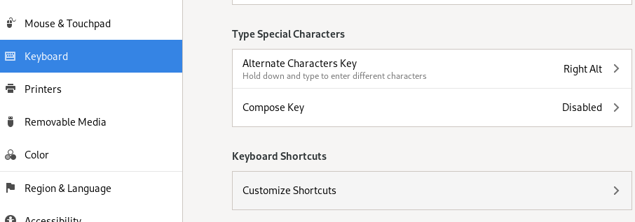 GNOME Settings Keyboard Menu