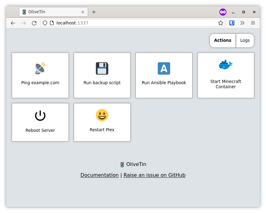 Una schermata di OliveTin sul desktop; presenta diversi quadrati in una griglia, con etichette e azioni per ogni comando che può essere eseguito.