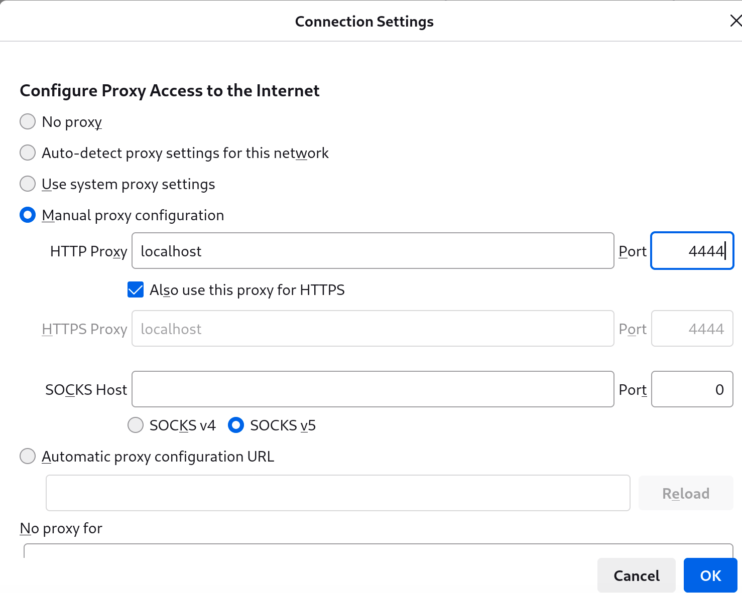 Firefox Connection Settings dialog