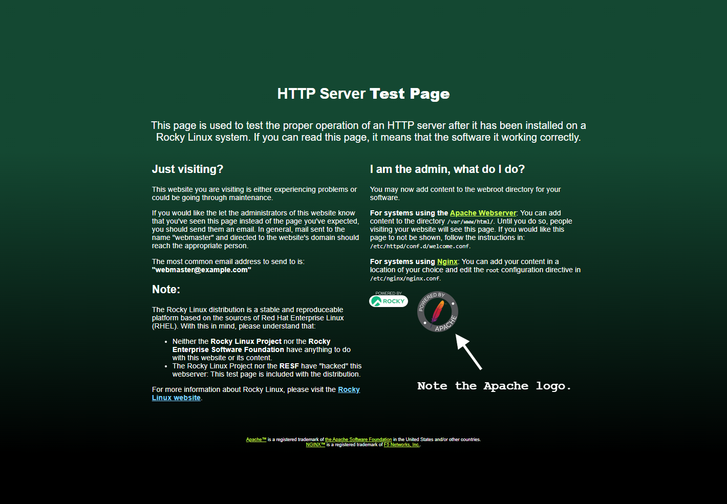Знімок екрана стандартної сторінки привітання Rocky Linux Apache