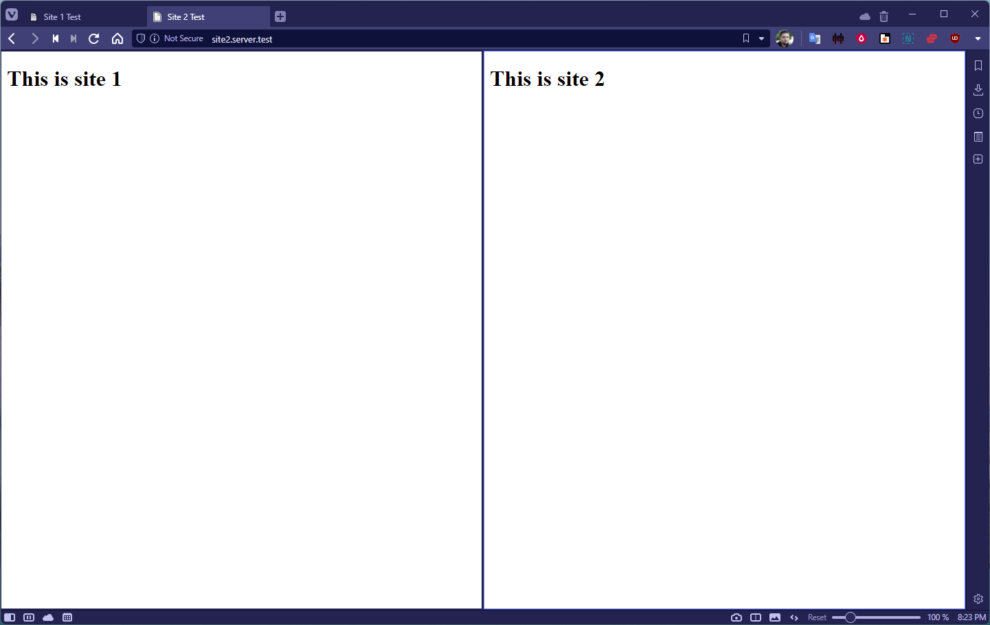 A screenshot of the two test websites side by side