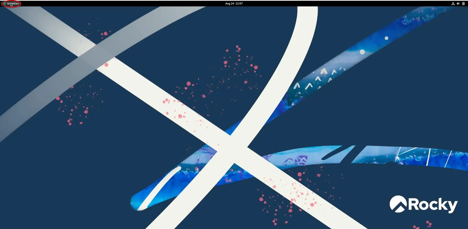 Rocky linux deskop with default wall paper. The mouse is hovered over the activities button.